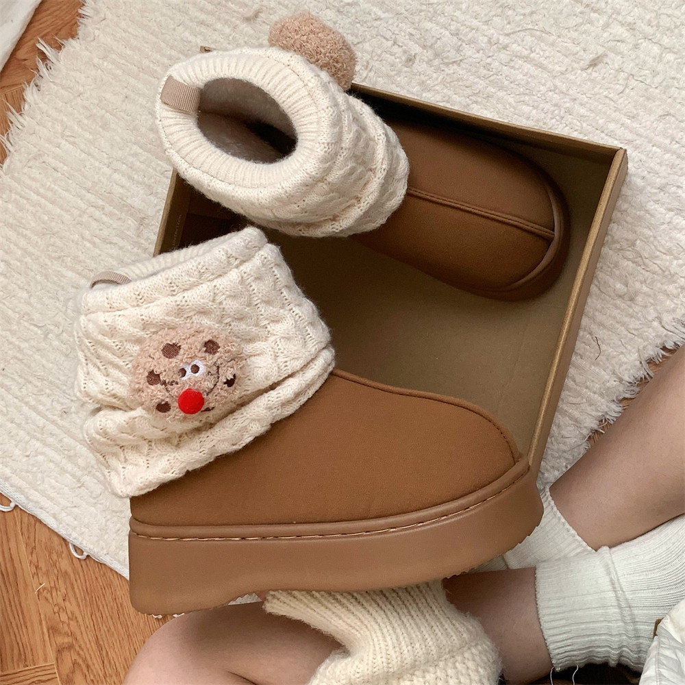 细细条 增高外穿冬季中筒棉靴趣味红鼻子曲奇饼干ins拼色雪地靴女,淘宝优惠券,粉丝福利购,淘宝优惠卷