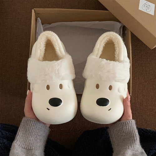 细细条 厚底外穿防滑可爱小狗加绒洞洞鞋女冬保暖防水防污棉拖鞋 - 图1