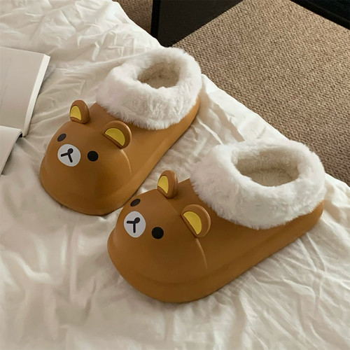 细细条 防水棉拖鞋女日系小熊少女心冬可外穿防滑厚底居家月子鞋 - 图0