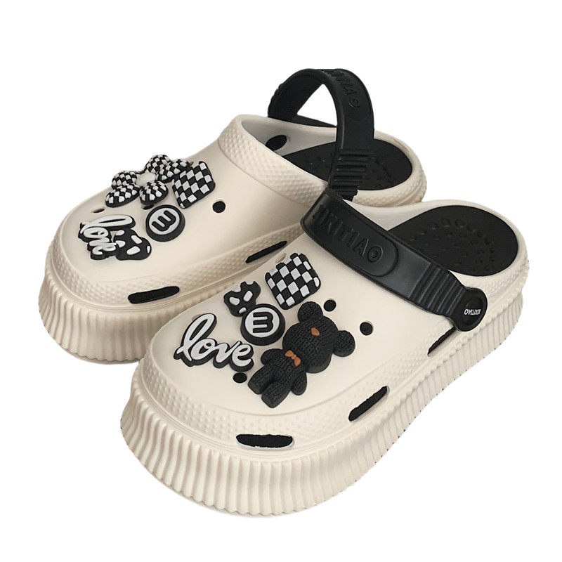 细细条 暗黑系小熊格子花朵洞洞鞋百搭两穿夏季厚底沙滩凉拖鞋女,淘宝优惠券,粉丝福利购,淘宝优惠卷