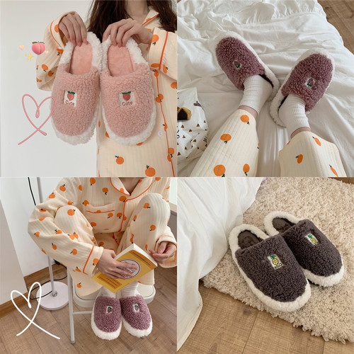 细细条 少女心棉拖鞋女冬天可爱居家用防滑保暖毛绒月子鞋韩版ins - 图0