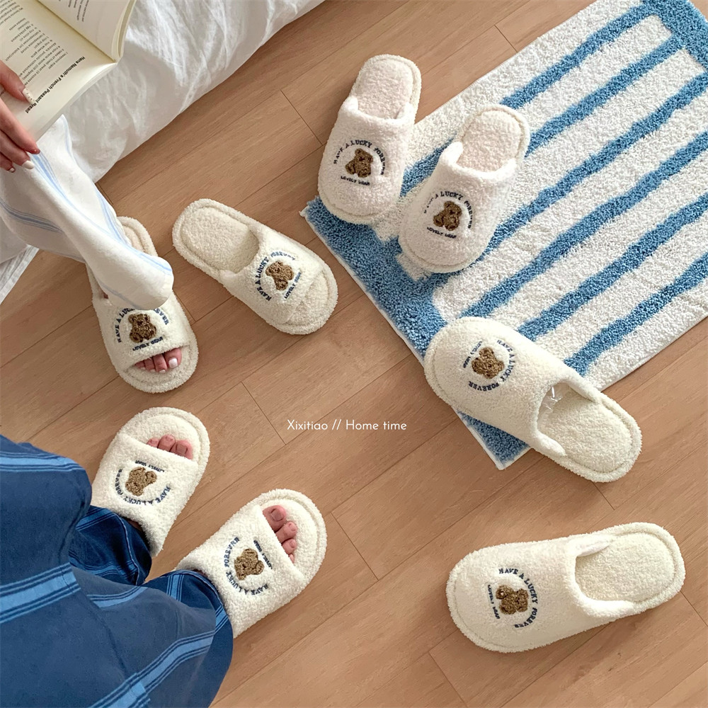 细细条 情侣韩式小熊毛毛拖鞋ins秋冬可爱家居一字月子棉拖鞋男女,淘宝优惠券,粉丝福利购,淘宝优惠卷