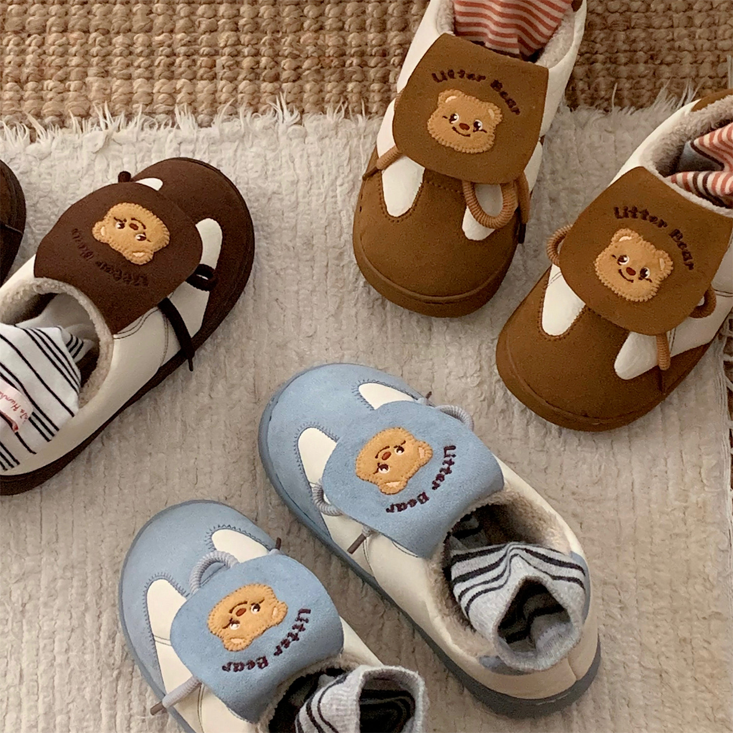 细细条 可爱小熊加绒板鞋女2025冬季新款外穿休闲翻盖拼色板鞋ins,淘宝优惠券,粉丝福利购,淘宝优惠卷