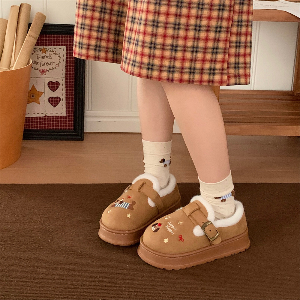 细细条 可爱刺绣小狗勃肯鞋女时尚保暖冬季外穿防滑厚底加绒棉鞋,淘宝优惠券,粉丝福利购,淘宝优惠卷