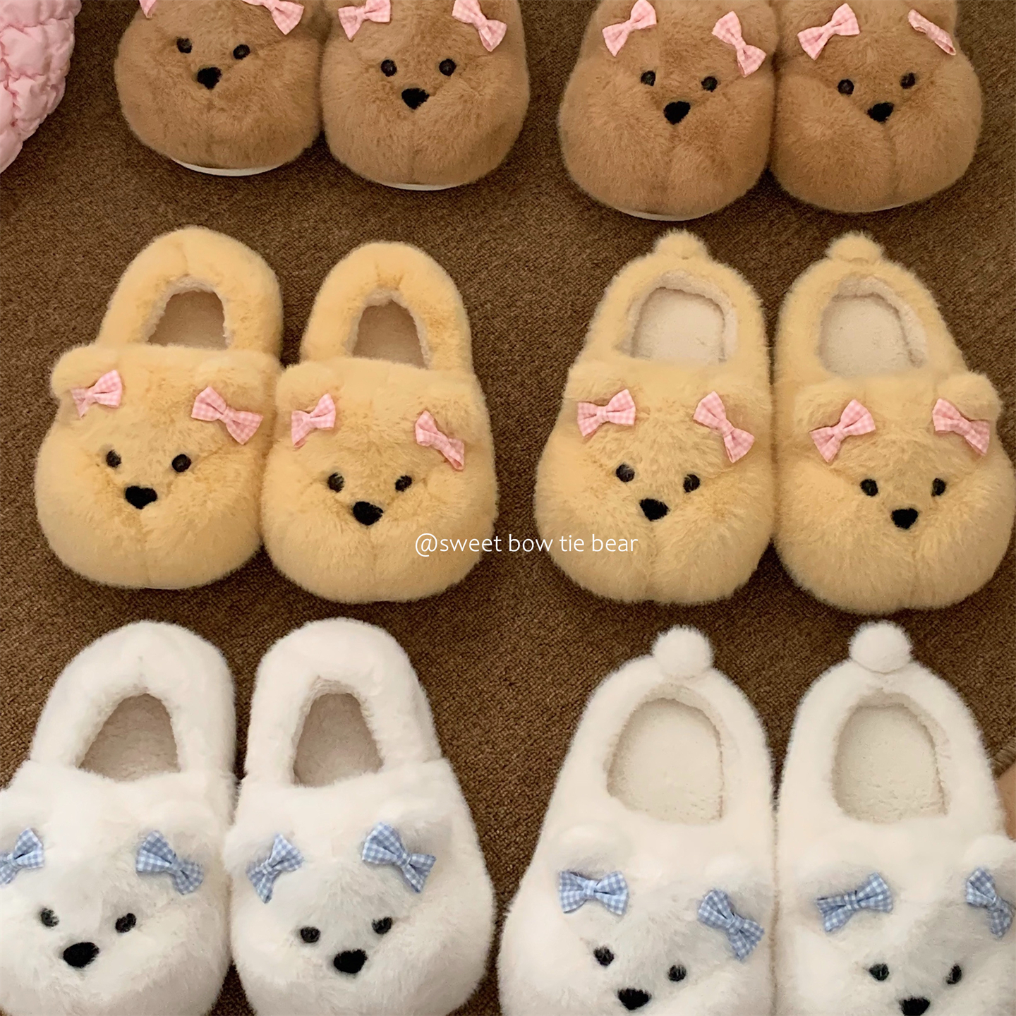 细细条 软萌女士居家毛毛鞋ins少女心蝴蝶结小胖熊防滑冬季棉拖鞋 - 图2