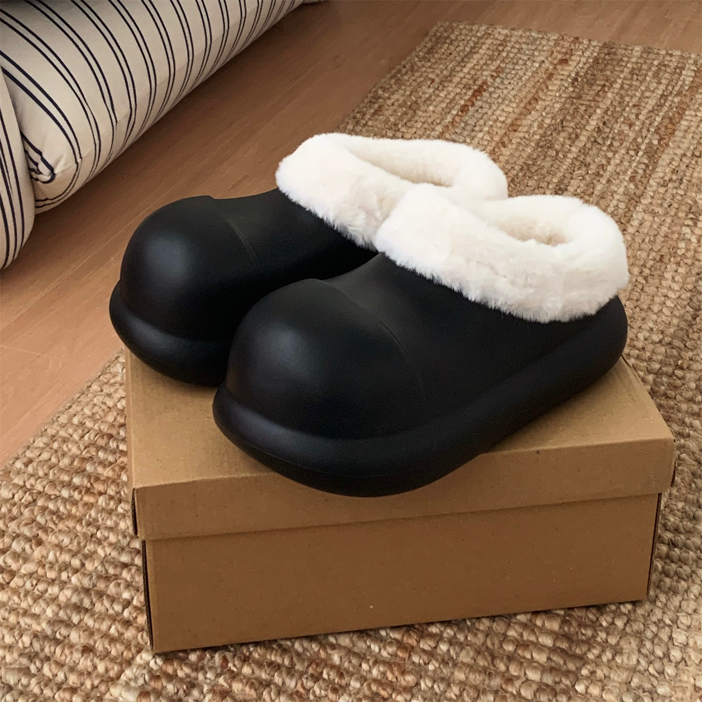 细细条 加绒厨师鞋外穿居家百搭厚底懒人一脚蹬女冬防水棉拖鞋ins,淘宝优惠券,粉丝福利购,淘宝优惠卷