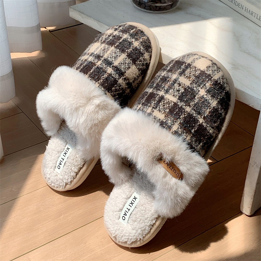 细细条 男士棉拖鞋ins潮时尚休闲防滑保暖包头冬季复古格子毛毛鞋,淘宝优惠券,粉丝福利购,淘宝优惠卷