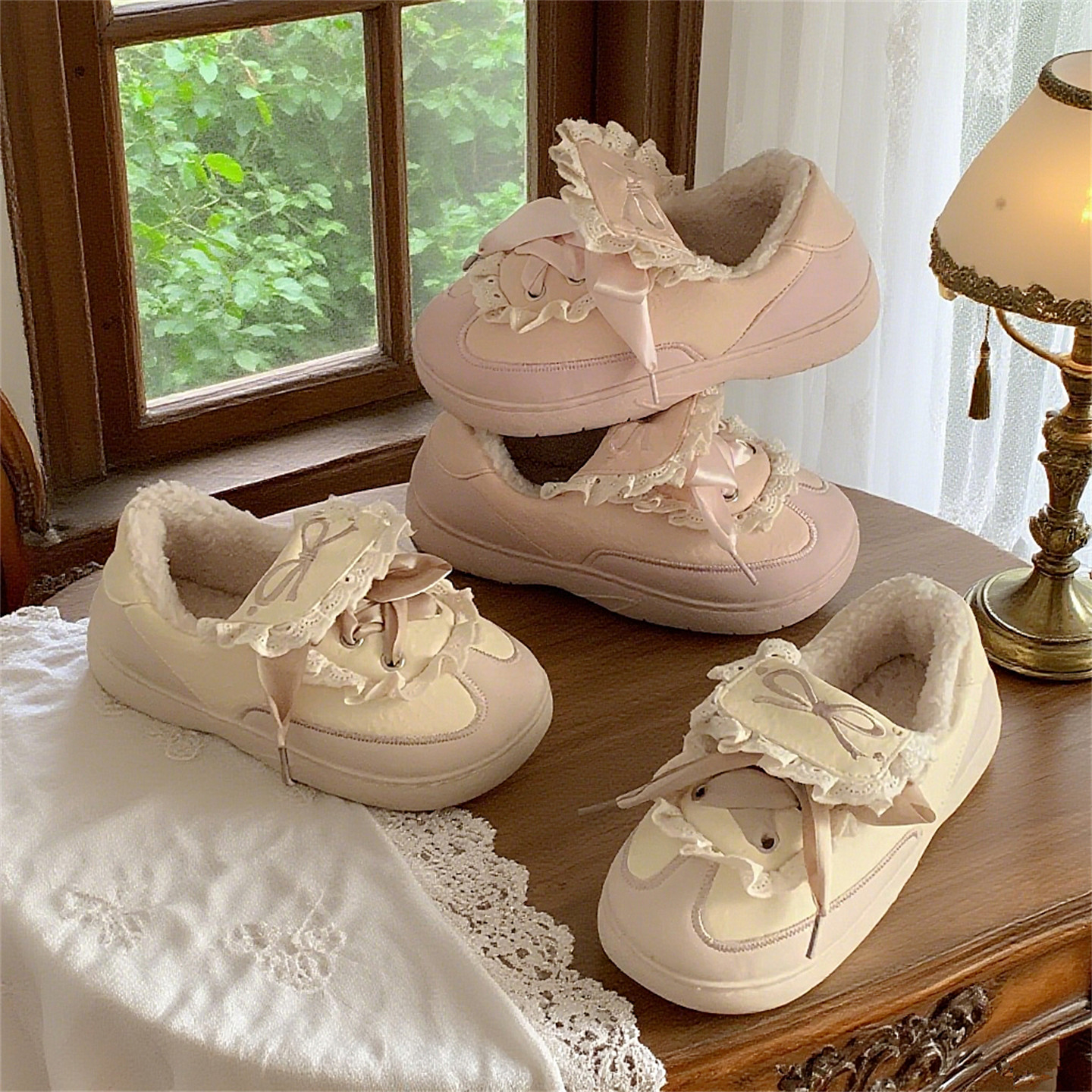 细细条 甜美德训鞋女学生秋冬外穿防滑韩系蝴蝶结板鞋加绒小白鞋,淘宝优惠券,粉丝福利购,淘宝优惠卷