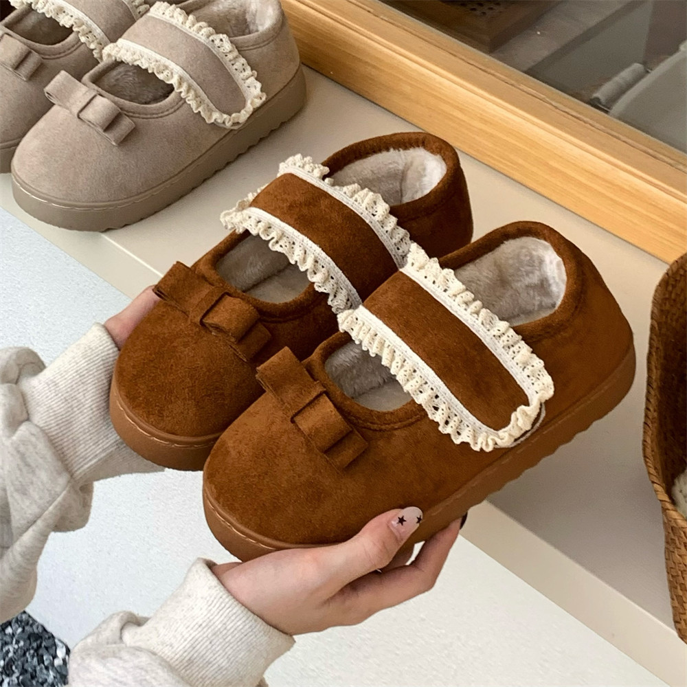 细细条 加绒豆豆鞋女时尚保暖甜美蕾丝边魔术贴毛毛鞋棉拖鞋秋冬,淘宝优惠券,粉丝福利购,淘宝优惠卷
