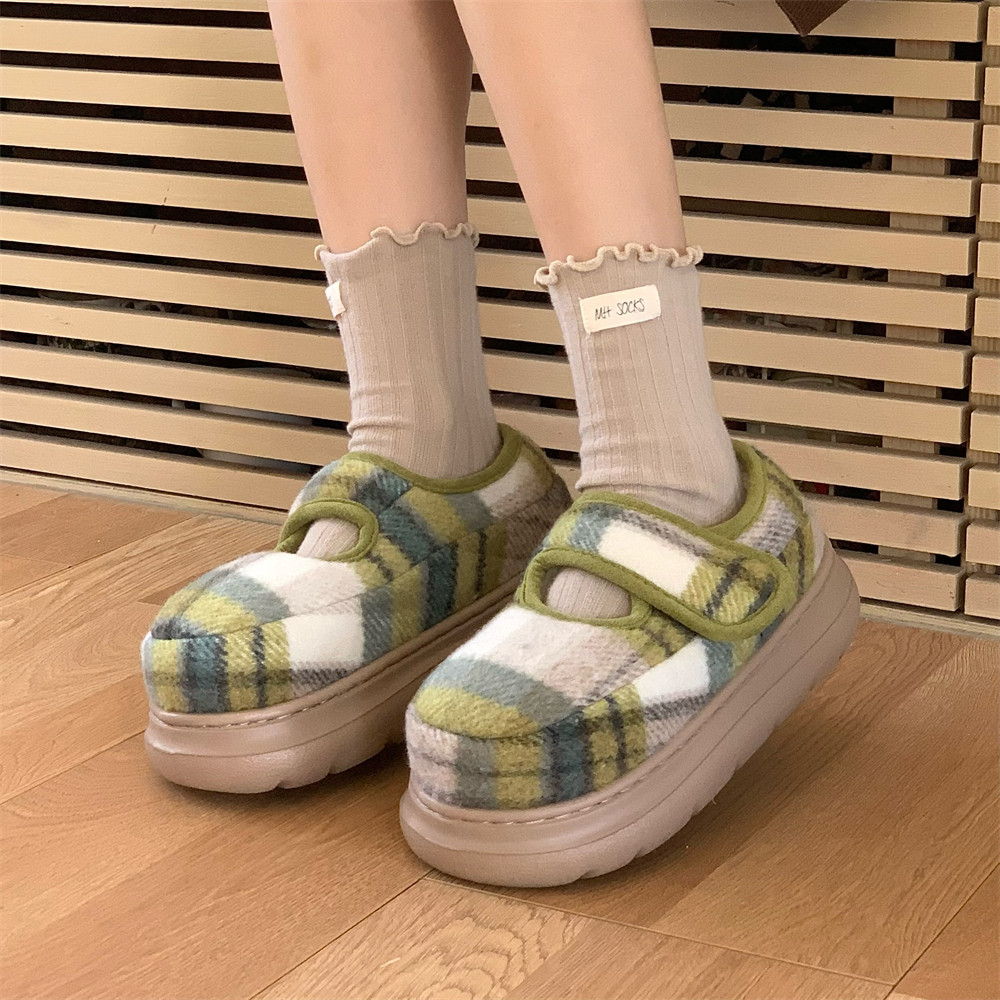 细细条 休闲防滑厚底玛丽珍面包棉鞋秋冬复古格子魔术贴豆豆鞋女,淘宝优惠券,粉丝福利购,淘宝优惠卷
