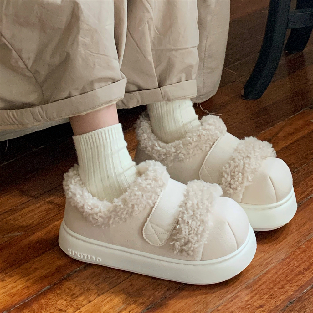 细细条 简约羊羔毛休闲板鞋百搭女士冬季外穿防滑厚底拼色面包鞋 - 图0