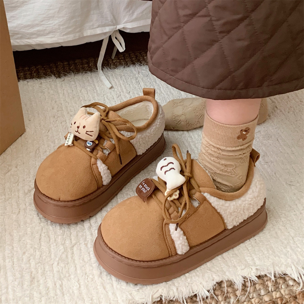 细细条 外穿棉鞋女厚底韩版ins时尚复古可爱小猫小鱼休闲系带板鞋,淘宝优惠券,粉丝福利购,淘宝优惠卷