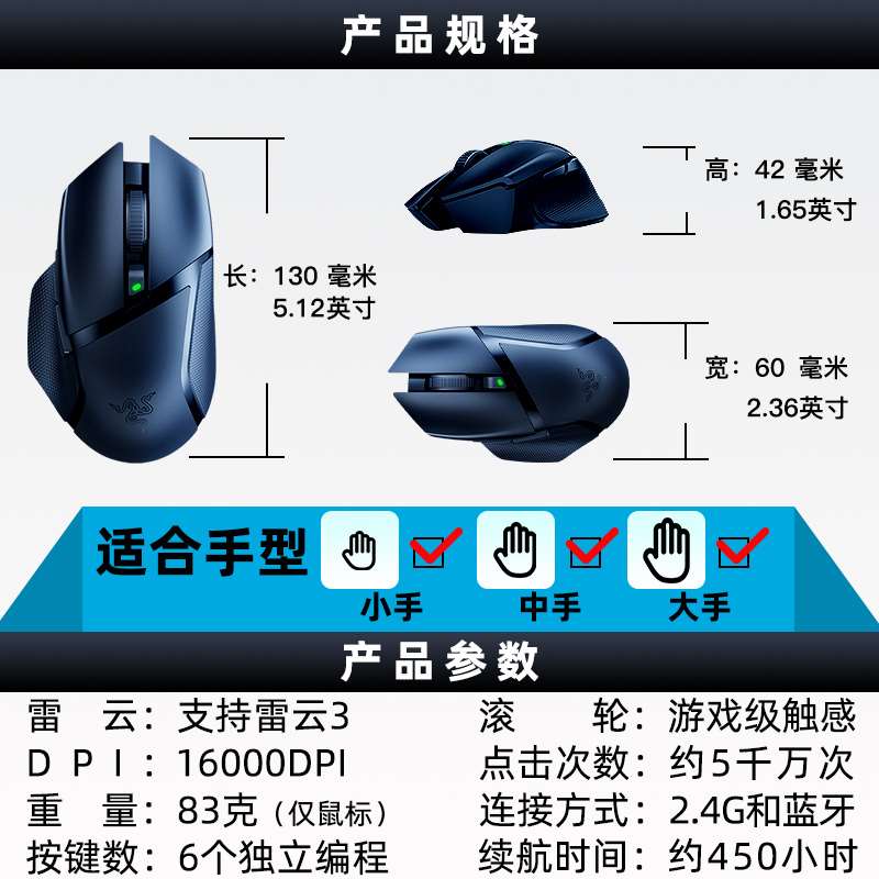 Razer雷蛇无线鼠标巴塞利斯蛇x极速小巴蛇蓝牙双模游戏电竞吃鸡-图2