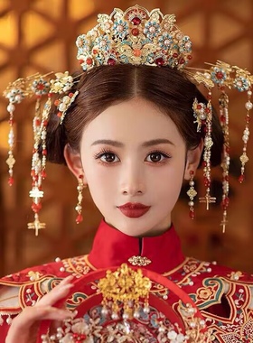 出租汉服婚礼大气秀禾步摇流苏结婚古装凤冠新娘头饰古典凤冠霞披