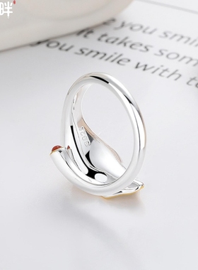 锦河畔 s925纯银欧美夸张个性叶子拼色镶珍珠轻奢精致开口戒指