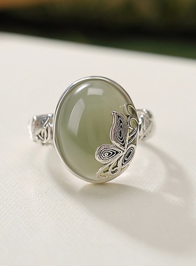 锦河畔 s925纯银和田玉晴水玉复古个性蝴蝶花丝镂空蛋面戒指银