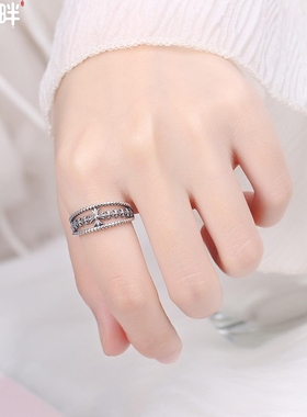 锦河畔 S925纯银欧美混搭复古戒指女十字架雕花朋克个性女士开口