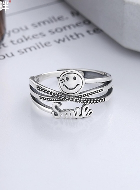 锦河畔 日韩版s925纯银ins风笑脸smile镶指 微笑表情食指戒指指环