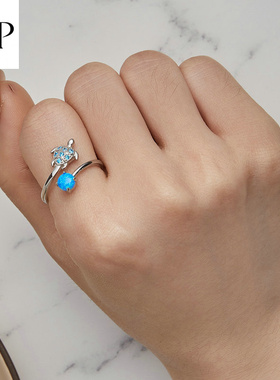 锦河畔蓝色澳宝开口银戒