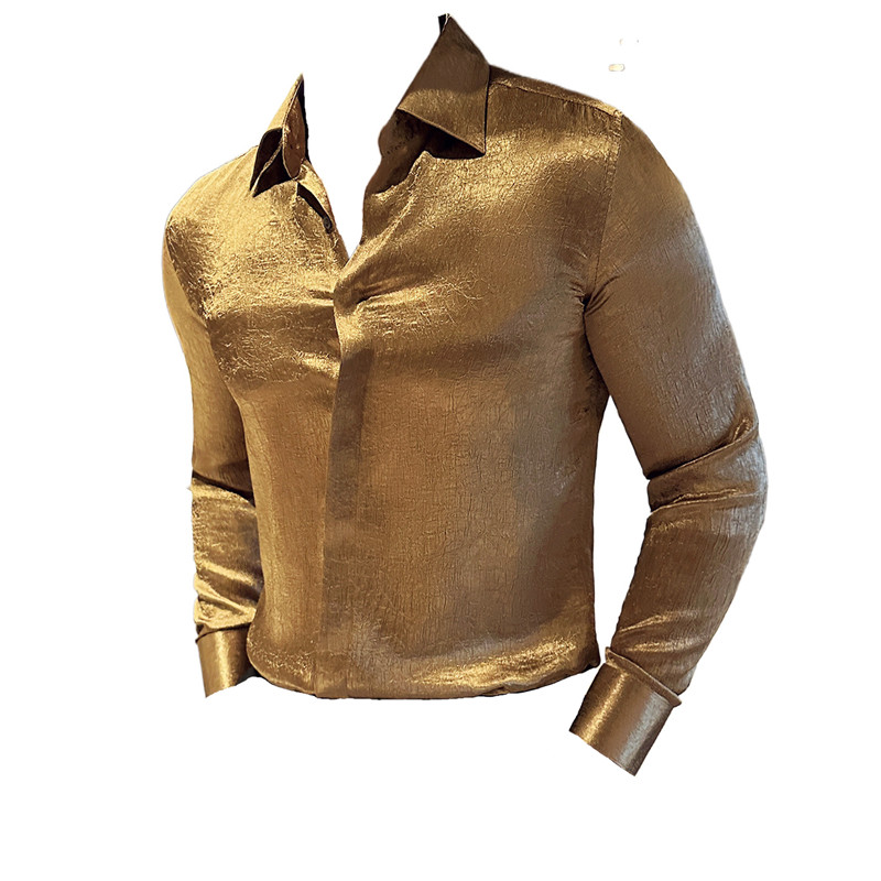 韩版修身男高级感亮面垂感个性气质长袖衬衫小众设计感花衬衣金色 - 图3