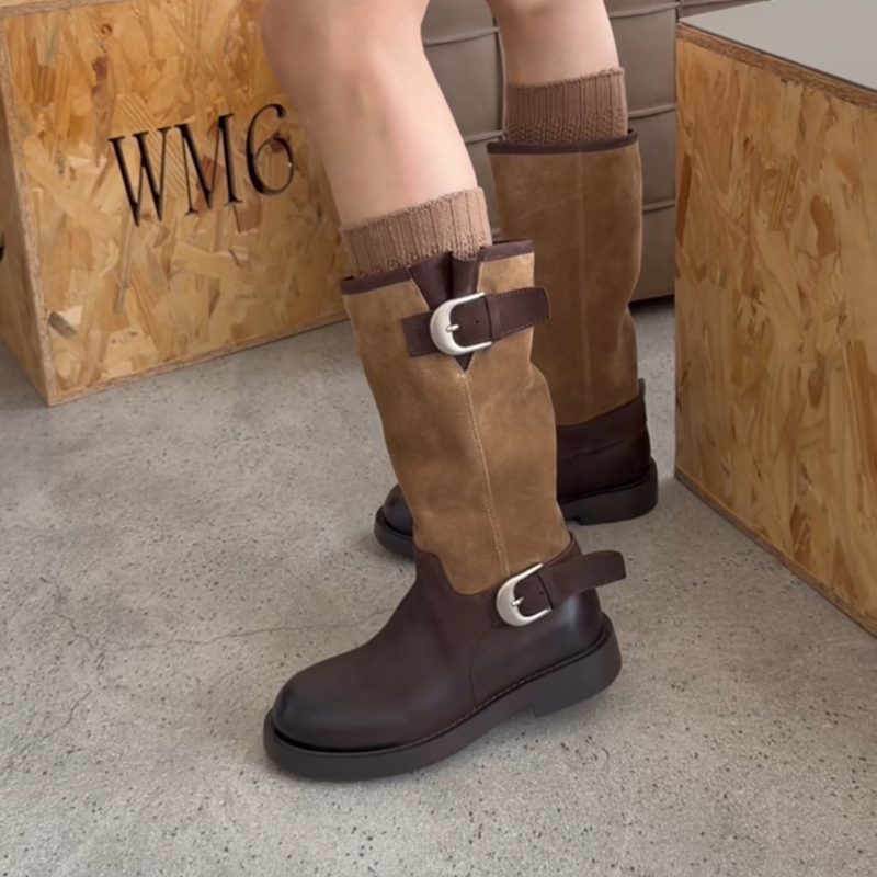 WM6 真皮女靴拼色皮带扣马丁靴2025年冬季新款套筒中筒圆头骑士靴,淘宝优惠券,粉丝福利购,淘宝优惠卷