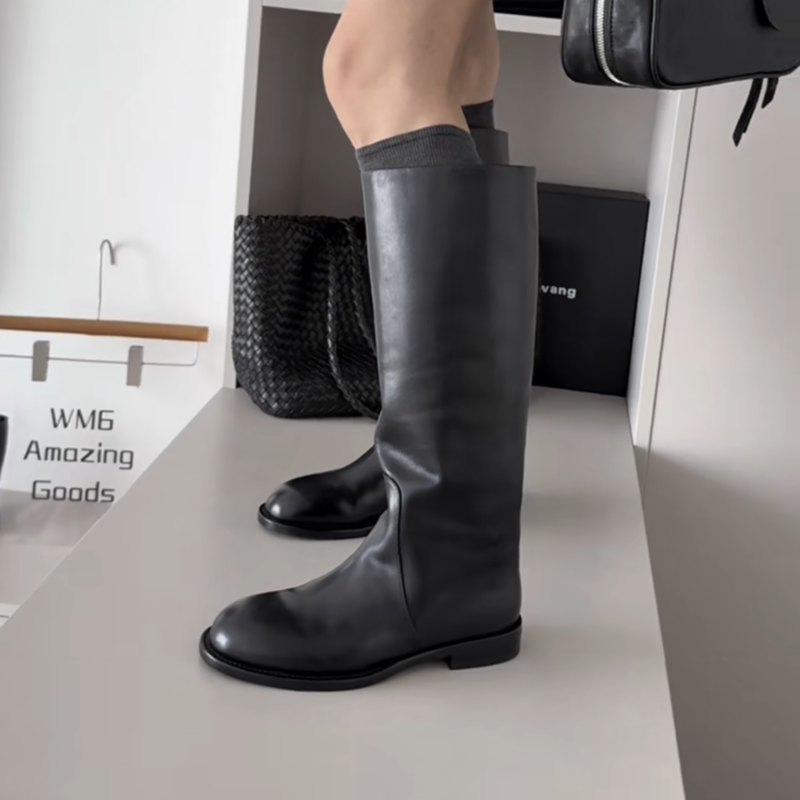 WM6 真皮女靴骑士靴裸靴套筒靴2025年秋冬新款平底圆头高筒马丁靴,淘宝优惠券,粉丝福利购,淘宝优惠卷