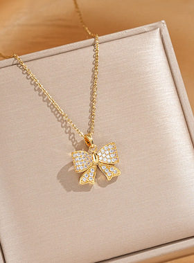 蝴蝶结新款钛钢项链女镶嵌锆石网红锁骨链时尚百搭高级感网红饰品