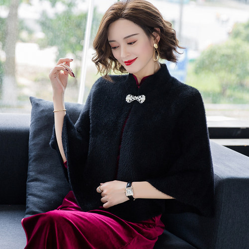 貂绒小披肩斗篷外套女秋冬羊绒红色婚礼婚纱旗袍外搭白色短款披风 - 图1