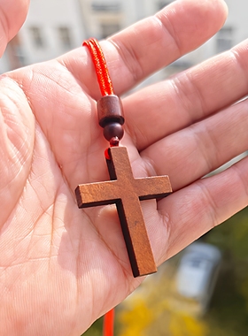 复古4*3cm木质十字架吊坠项链