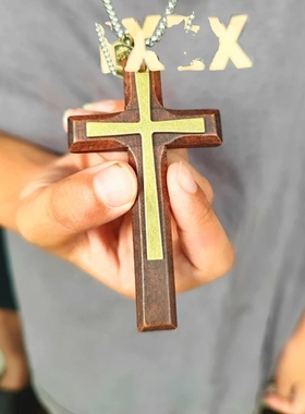 木质十字架双层文艺范女士毛衣链