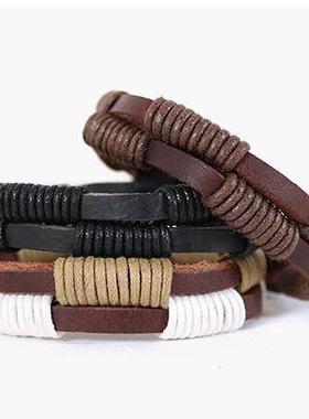 原创男士编织复古多层学生皮手链