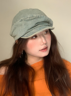 ［大头阿枝］大头围纯色牛仔八角帽女梯形帽顶个性小众软檐贝雷帽