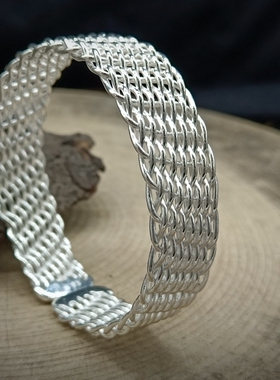 贵州手工银饰999足银手工编丝麻花宽面开口银手镯女苗族银饰