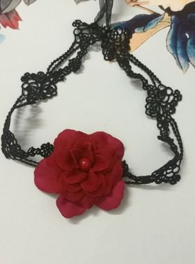 超美仙女范简约玫瑰花朵短款锁骨链绒布花朵颈链女颈带脖子饰品