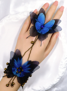 森系仙气蝴蝶蕾丝铃铛手链戒指一体套装舞蹈表演小众设计复古旗袍