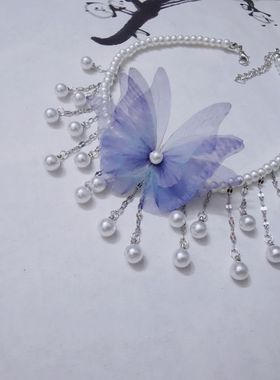 精致纯手工品珍珠白金流苏项链锁骨气质美脖显瘦颈链蝴蝶结项链