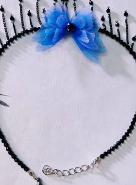 原创甜美黑尖晶脖颈链子女迷你小水晶细链子蝴蝶流苏项链锁骨链