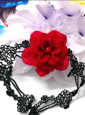 女高级设计感小众气质范简约玫瑰花朵短款锁骨链绒布花朵颈链颈带