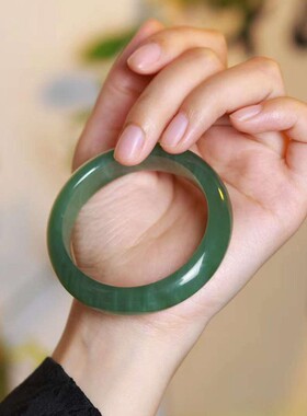 天然新疆和田玉玉器工艺品俄料碧玉老料玉石猫眼素面手镯七夕礼物