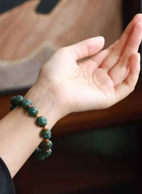 玉器工艺品天然新疆和田玉且末蓝老料飘糖色佛头手串女款手串送证