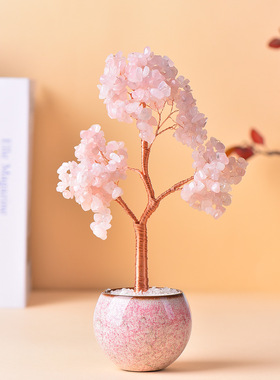 天然水晶七彩碎石发财树手工编织招桃花许愿发财树家居办公装饰品