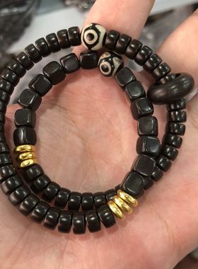 黑檀木原创双圈手链个性方块复古黑色佛珠文玩念珠手串紫光男女