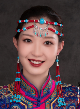 蒙古族串珠珠头饰民族风耳环女可调节舞蹈演出蒙古袍发饰头带耳坠