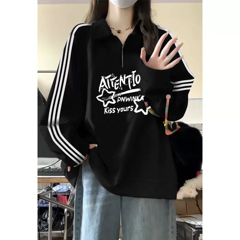 美式三条杠半拉链polo领卫衣女大童春秋加厚初中高中学生宽松上衣,淘宝优惠券,粉丝福利购,淘宝优惠卷