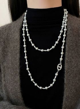 双层长款灰珍珠切花项链
