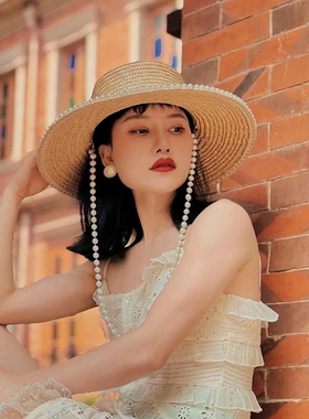 法式手工珍珠链条遮阳草帽女