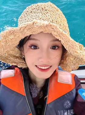 度假风草编帽女夏季海边遮阳防晒大檐帽编织纹理太阳帽蝴蝶结草帽