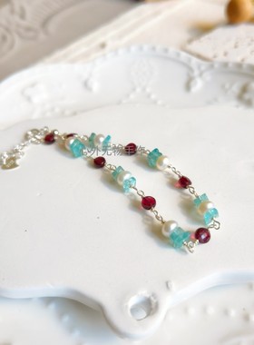 天然蓝磷灰石榴石撞色手链S925银