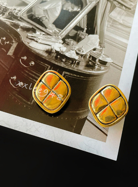 vintage孤品方块菱纹格金色耳夹
