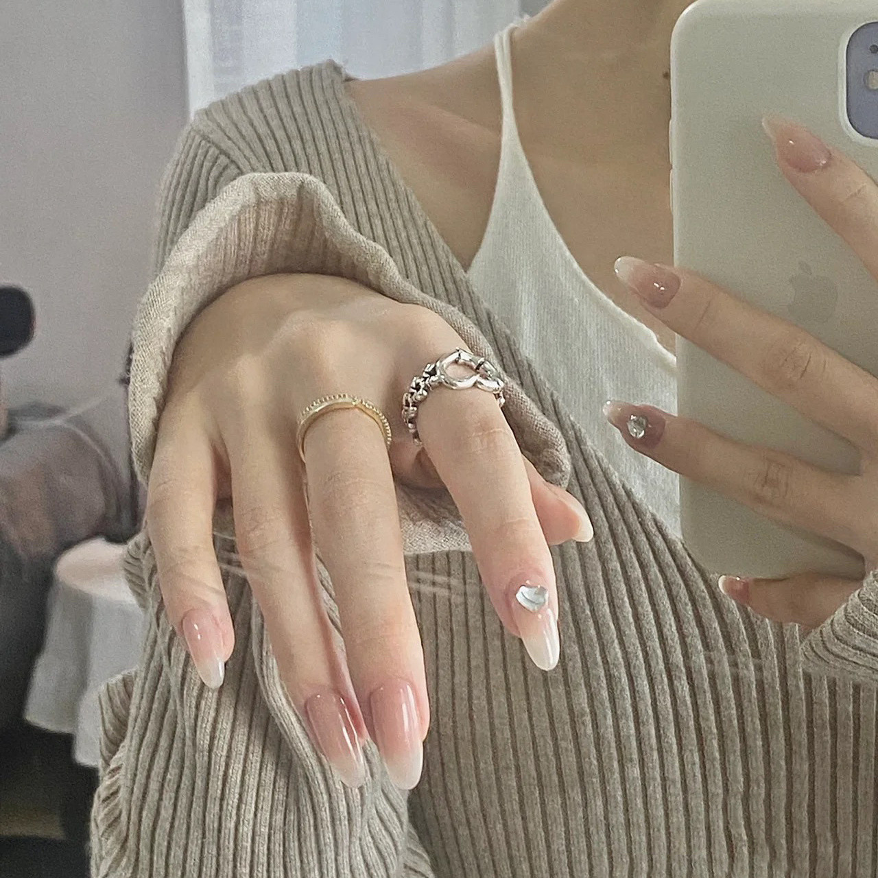 【白桃汽水】纯手工光疗穿戴甲法式猫眼美甲贴片裸色显白指甲贴片,淘宝优惠券,粉丝福利购,淘宝优惠卷